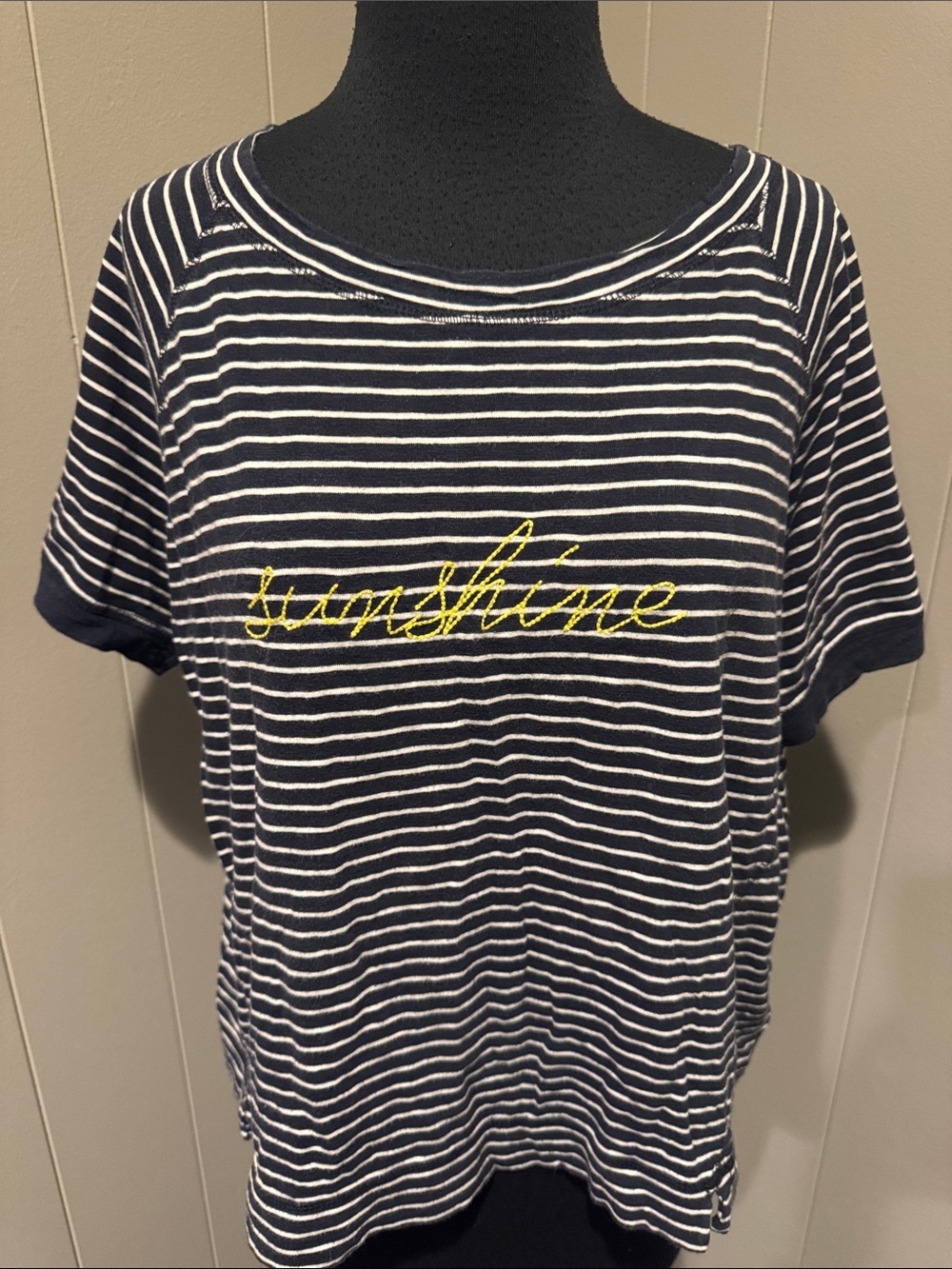 Pure navy & white striped short-sleeve top yellow "sunshine" embroidery graphic